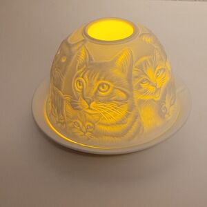 Kitty Cats All Over Glowing White Bisque Tealight Dome Candle Holder NWT